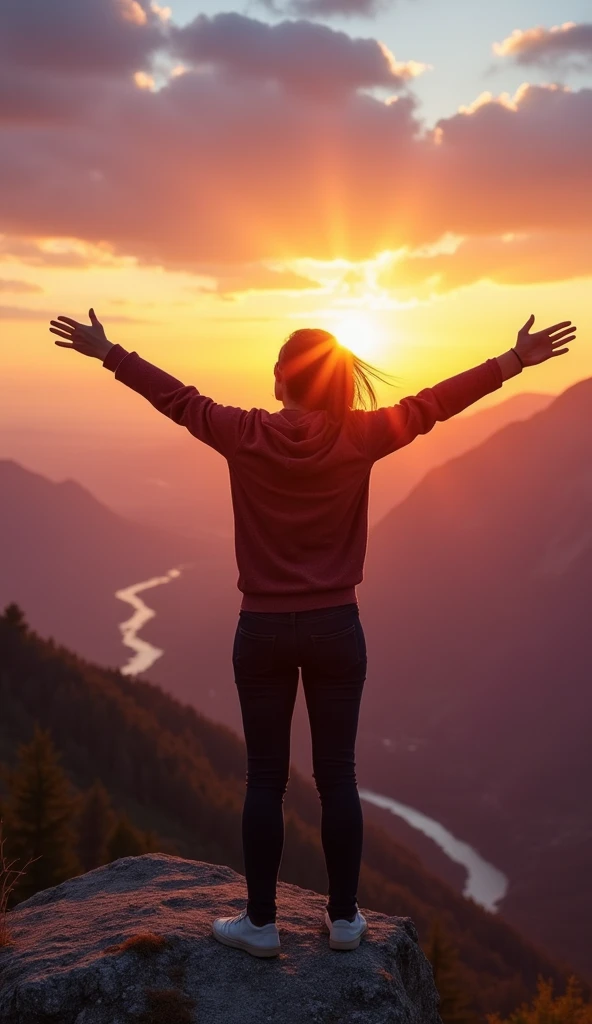 A vibrant scene of a person standing on a mountain peak at sunrise, with arms wide open in a gesture of freedom and exhilaration. The sky is painted with warm oranges, pinks, and purples, symbolizing a new beginning. The person's face shows a joyful expression, feeling the wind on their face, capturing the essence of living life to the fullest. In the background, a breathtaking view of the landscape stretches out, with valleys, rivers, and distant mountains under the glowing sky.