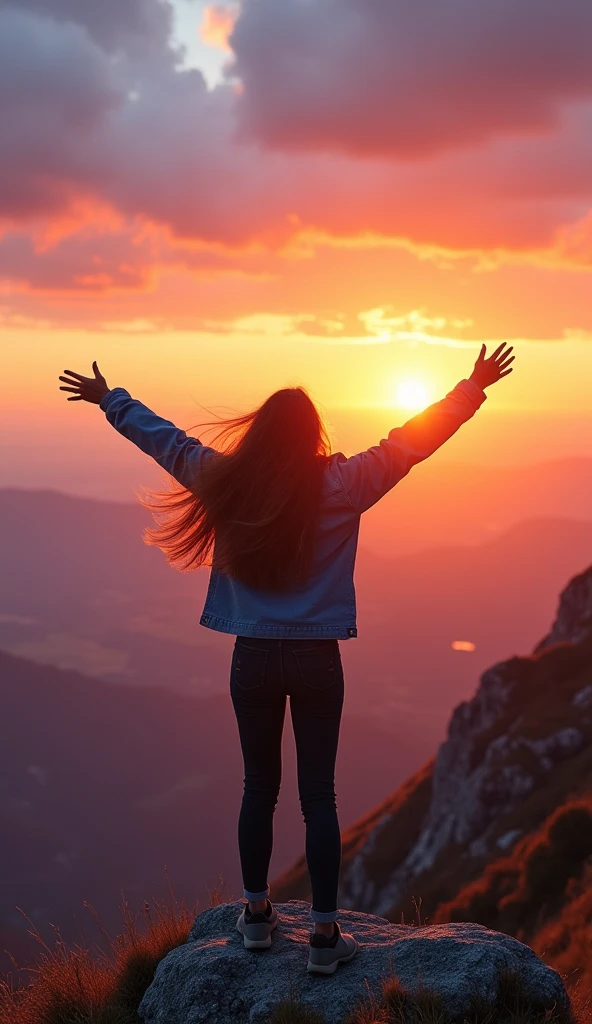 A vibrant scene of a person standing on a mountain peak at sunrise, with arms wide open in a gesture of freedom and exhilaration. The sky is painted with warm oranges, pinks, and purples, symbolizing a new beginning. The person's face shows a joyful expression, feeling the wind on their face, capturing the essence of living life to the fullest. In the background, a breathtaking view of the landscape stretches out, with valleys, rivers, and distant mountains under the glowing sky.