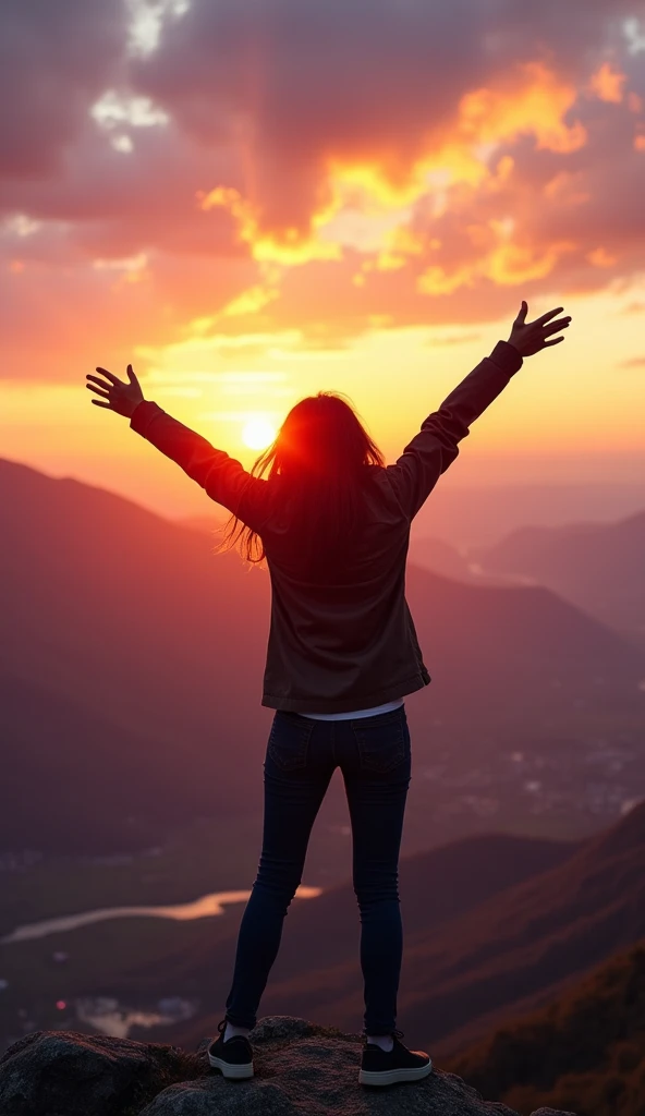 A vibrant scene of a person standing on a mountain peak at sunrise, with arms wide open in a gesture of freedom and exhilaration. The sky is painted with warm oranges, pinks, and purples, symbolizing a new beginning. The person's face shows a joyful expression, feeling the wind on their face, capturing the essence of living life to the fullest. In the background, a breathtaking view of the landscape stretches out, with valleys, rivers, and distant mountains under the glowing sky.