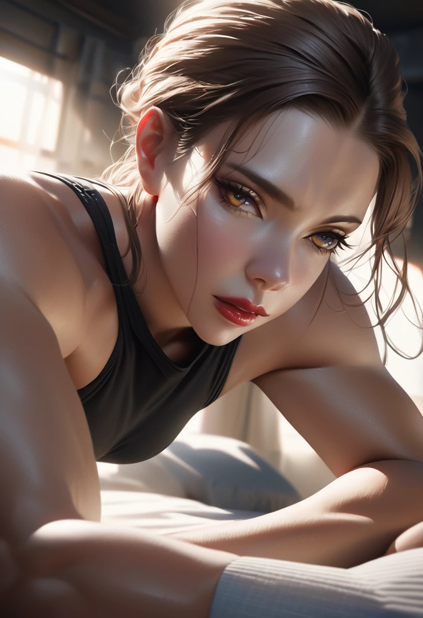 A young woman in black spandex shorts and white knee-high socks, seductive pose on a bed, extremely detailed eyes and face, beautiful detailed lips, longeyelashes, realistic, photorealistic, photo-realistic, 4k, 8k, highres, masterpiece, ultra-detailed, vivid colors, studio lighting, physically-based rendering, professional, portrait