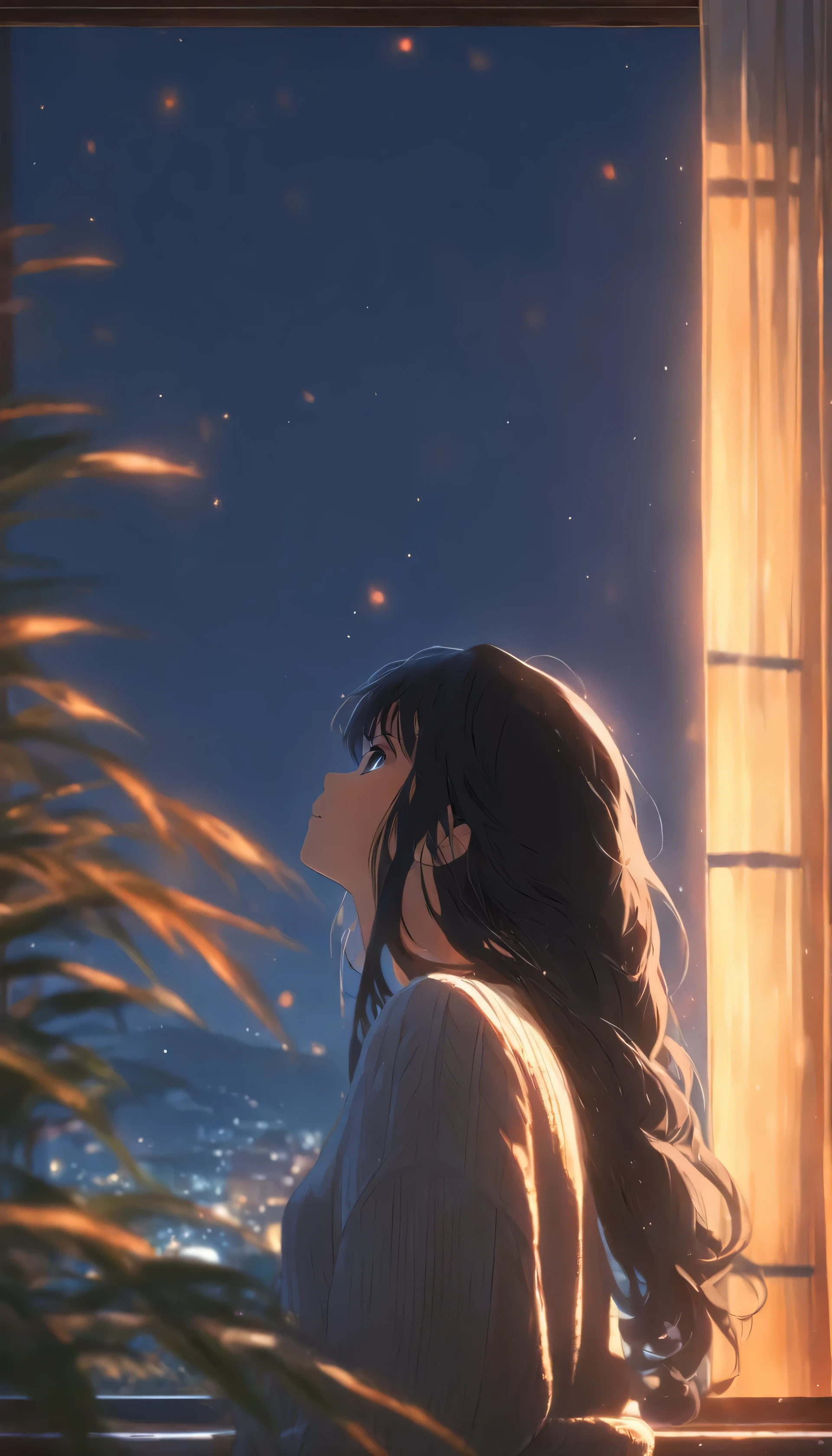 1girl, lean on side window, black straight hair, grey sweater, plany vase on side, curtain open, looking up, relaxing, low light, mesmerizing, high quality, uhd, 8K
