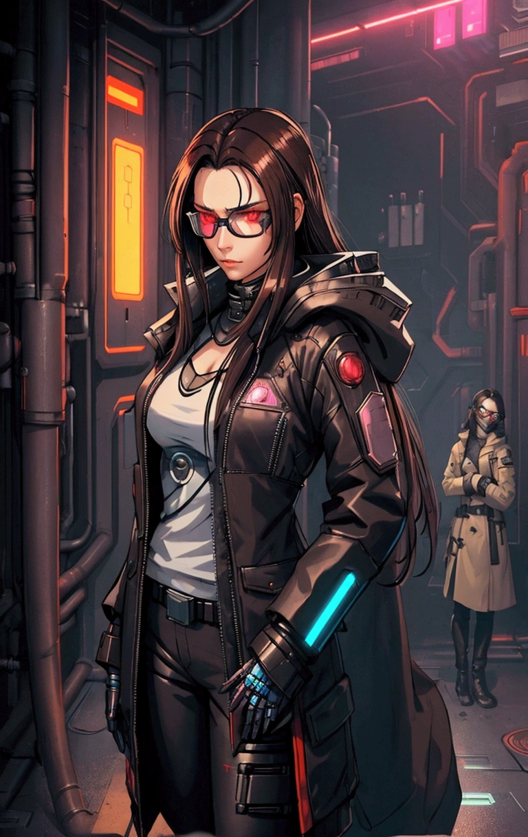 Slightly intimidating female cyberpunk character with very long dark brown hair, skin fair, a medium coat over the clothes, very discreet robotic mechanisms throughout the body and using cyberpunk netrunner interface glasses