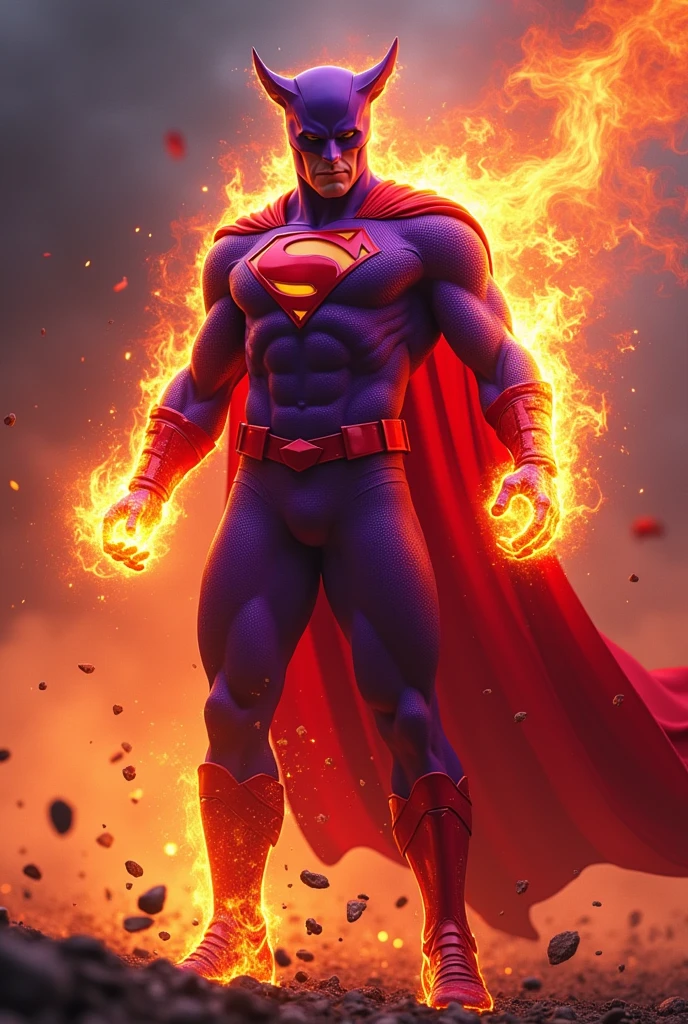 Create a superhero with socialist origins but who embraced capitalism with the colors purple and red and fire powers