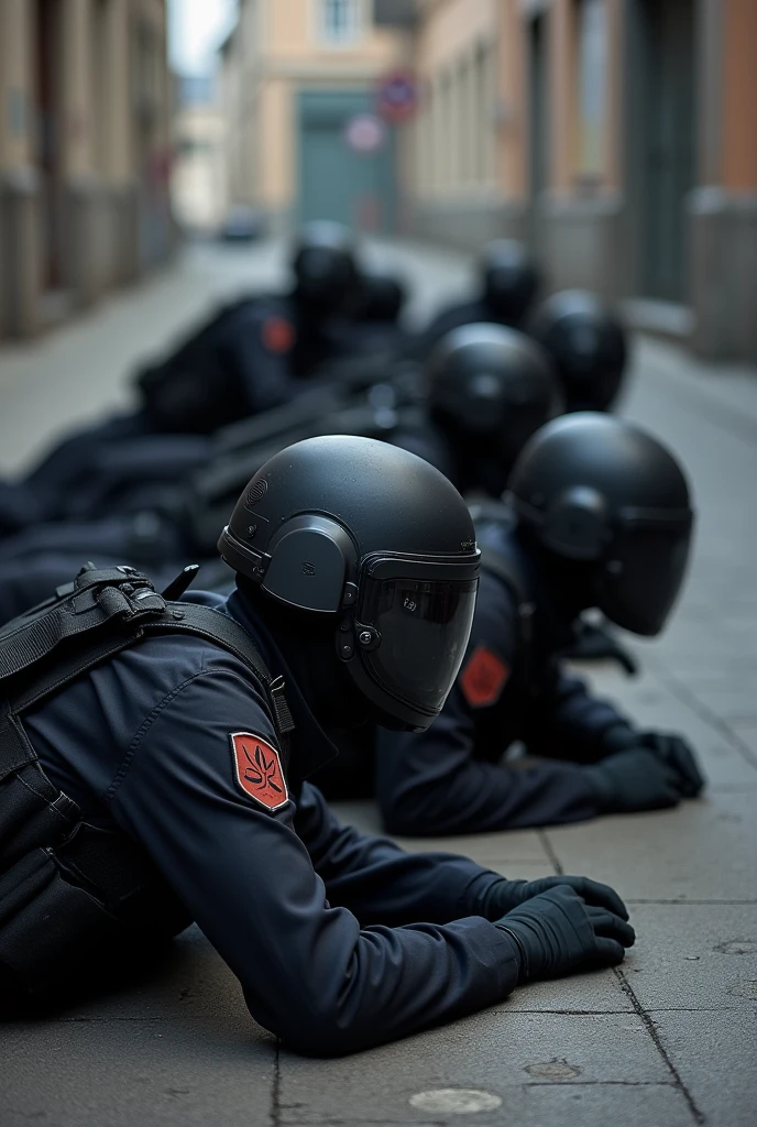 Group of modern serbian soldiers in black uniform lying on thr floor