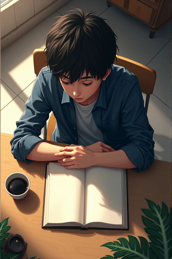 From the top angle behind a boy only head visible sitting on desk and has a book empty on the desk the boy should look 20 years old in age