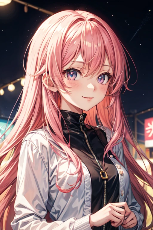 Anime girl with long pink hair and colorful eyes in a winter lounge., Girl with pink hair, 1K anime style, anime art wallpaper 2k, anime art wallpaper 2k, anime art wallpaper 2k, beautiful animated portrait, beautiful anime girl, 2k anime wallpaper, anime girl portrait, beautiful anime woman, cute smile, fireworks, festival, colorful lights hanged up, night sky, girl enjoying the view