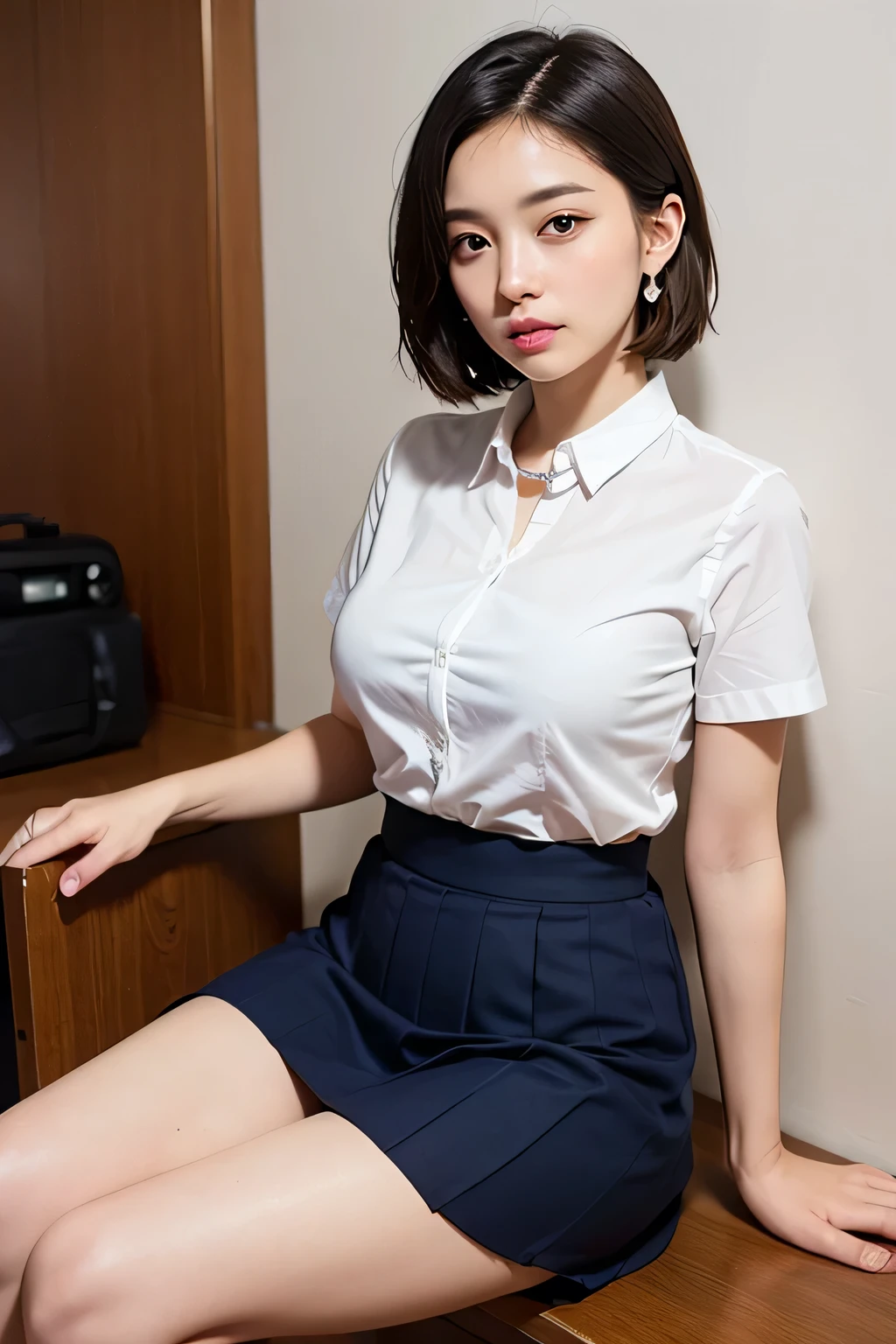 (High resolution、8k:1.3)、masterpiece、(Ultra-realistic as a photo:1.3)、、sexly、Very nice finish、Slender figure、Sharp focus, Ultra High Resolution Face、Highest quality、The face is in focus、Ultra high definition and beautiful eyes、Eyes are symmetrical、High quality and beautiful skin、Firm Skin、Japanese, thin、very cute、、(white short sleeve shirt、Pleated skirt、Ultra mini skirt), Sitting、sexly、Earrings、necklace、Light blue wall、Natural Makeup, (blush:1.3), (Embarrassing:1.3)、(View your audience:1.3),short hair, Messy Hair、Navy blue tie、White collared short sleeve shirt、Sitting on a chair、sexly、