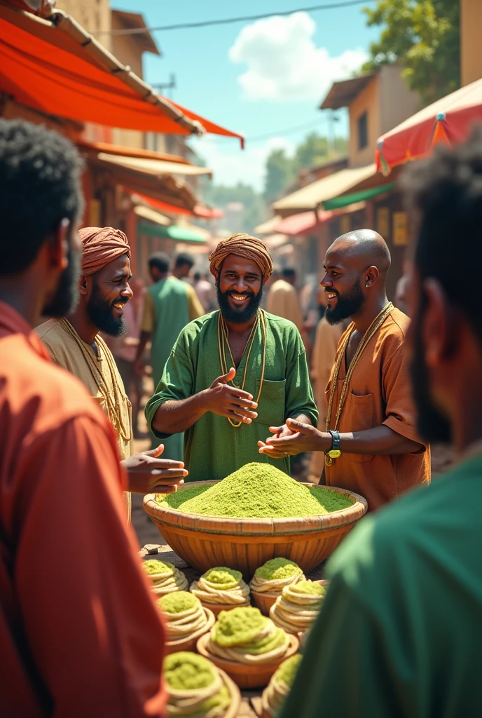 Men selling tesfalem moringa in bazaar advertising Tesfalem moringa poweder