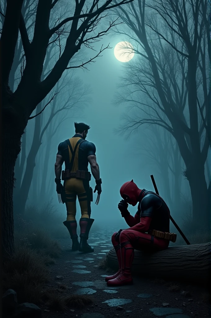 somber scene in a dense, fog-covered forest at twilight, where Wolverine is walking away with a determined yet sorrowful expression, his back to the viewer. In the foreground, Deadpool is sitting on a fallen log, slumped over with his head down, holding his iconic mask in his hands. The colors are muted, with a palette of deep blues and grays, emphasizing the melancholy atmosphere. The forest is shadowy, with tall, twisted trees, and a faint glow of the moon peeking through the mist, adding a touch of eerie beauty to the scene."