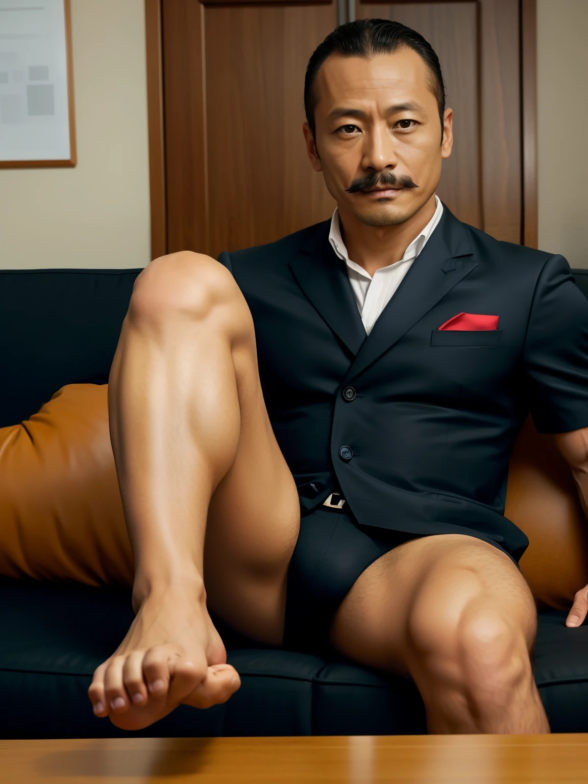 40 years old,Hidetoshi Nakata,(Kogoro Mori 1.3),whole body,Lean,muscle,office,black,foot,Suit,transparent袜子,foot抬起,sofa,Baldhead ,transparent,Thick body hair,underwear,Topless,Densely hairy,Fortitude,HD,With a mustache