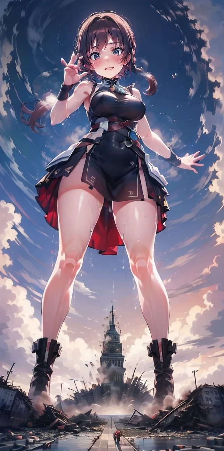 Full body description、looking at the camera、Embarrassed、Sweat it out、Bao Zhong MARINE,Marine,Heterochromia of the iris,shoulder,Ocean thief,off-the-shoulder-coat,mini skirt, Half-open,Wicked Smile,blush,Open your mouth, sweating,Braid,Black High Leg,vapour,Red clothes,2-pin,Focus on the legs,Crossing your legs,Black Stockings,Ankle boots,Ocean(((Full body description)))、Fisheye Lens、looking at the camera、Embarrassed、(Super huge breasts)、(Plump thighs)、(((Bigger than a skyscraper)))((((、Ruins of rubble))))、Lots of big explosions、fire、cigarette、City streets、Traffic jam、street tree、Pedestrian bridge、Sweat it out、Miniature city、fubuki，GTS，GTS Planet，Gray Hair，White socks，fubuki1足の裏からvapourが出ている, Destroy a city, a very small big city, miniature metropolis, Description of the whole body, GTS, giga ,Giant, Stomping City, Crush City, Small Town, Micro City, High resolution, Highest quality, masterpiece,
