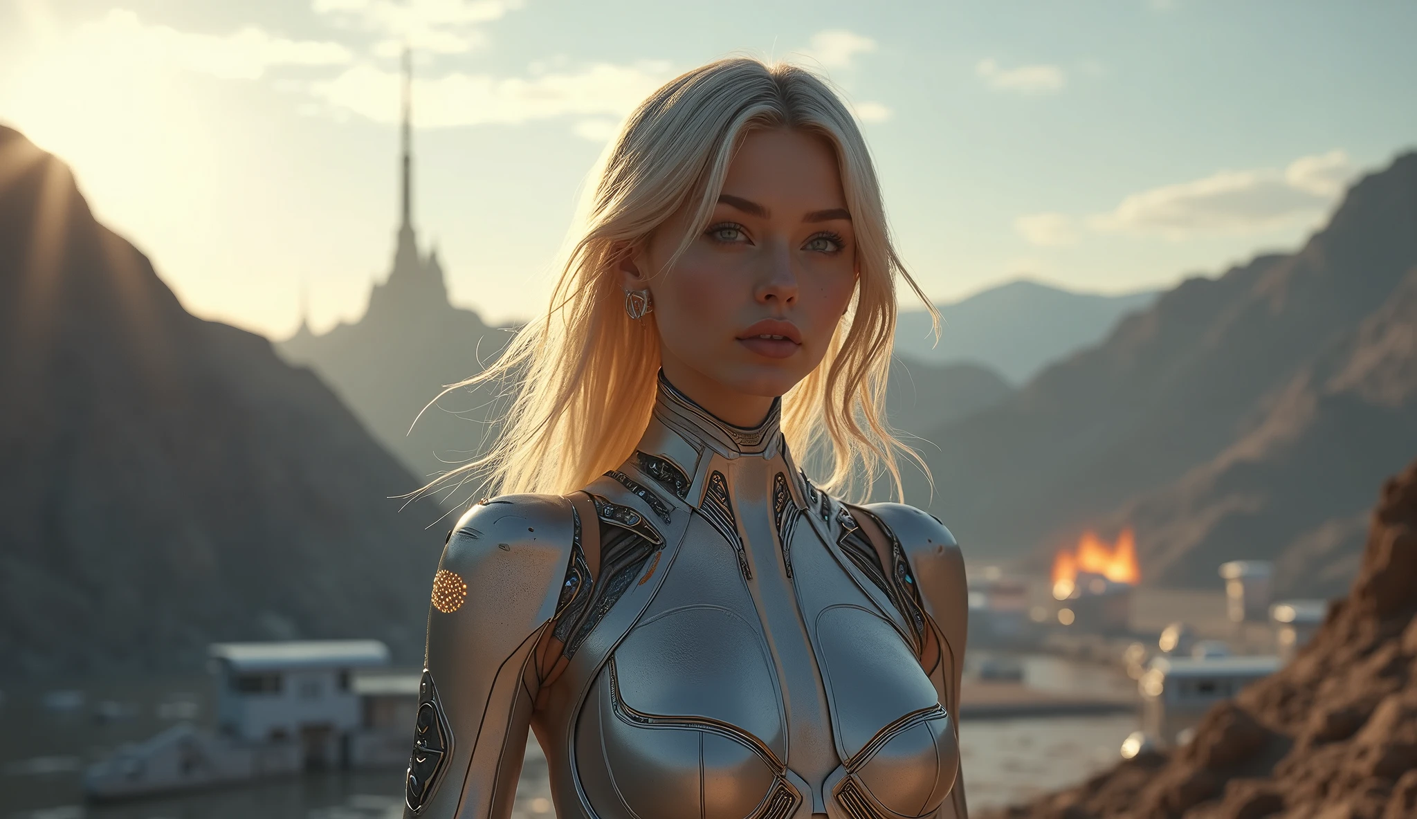 Realistic 16K resolution red blue colors tone photography of A breathtaking landscape on a planet in the Orion constellation, where gigantic mechanical are mining iron silver ore from a huge mine. Surrounding futuristic domes, curvilinear structures, while meteors intermittently streak across the sky. 1 blonde girl, wearing intricate high-tech bodysuit covering her entire body with biomechanical style, intricate mechanical details, glowing cybernetic enhancements, break, 1 blonde girl, full body shot, Exquisitely perfect symmetric very gorgeous face, Exquisite delicate crystal clear skin, Detailed beautiful delicate eyes, perfect slim body shape, slender and beautiful fingers, legs, perfect hands, legs, illuminated by film grain, realistic style, realistic skin texture, dramatic lighting, soft lighting, exaggerated perspective of ((Wide-angle lens depth)), Fantasy, extreme detail description,