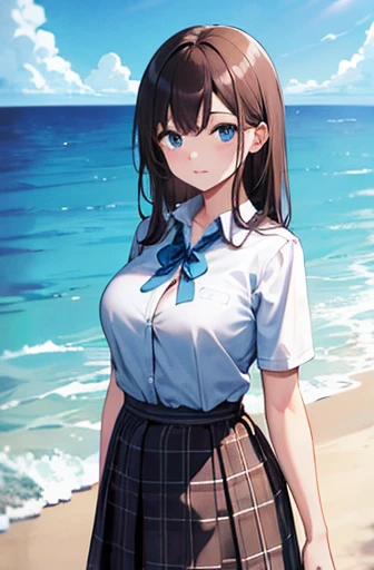1 idle, Chocolate brown hair, Ocean Blue Eyes, Wearing an ocean blue checked skirt, Plain white button-up shirt with ocean blue ribbon , Absurd, High resolution, Super sharp, 8k, masterpiece,Large Breasts