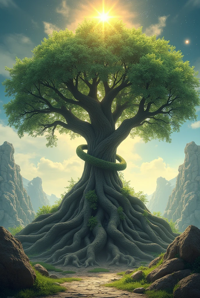 Make a large tree with deep visible roots that symbolize stability. Pit an infinity symbol around the tree and place a small mountain and stones making it look immovable at the base of the tree. Make a circle surrounding the whole design representing a cycle Put a sunburst above the tree as a presence