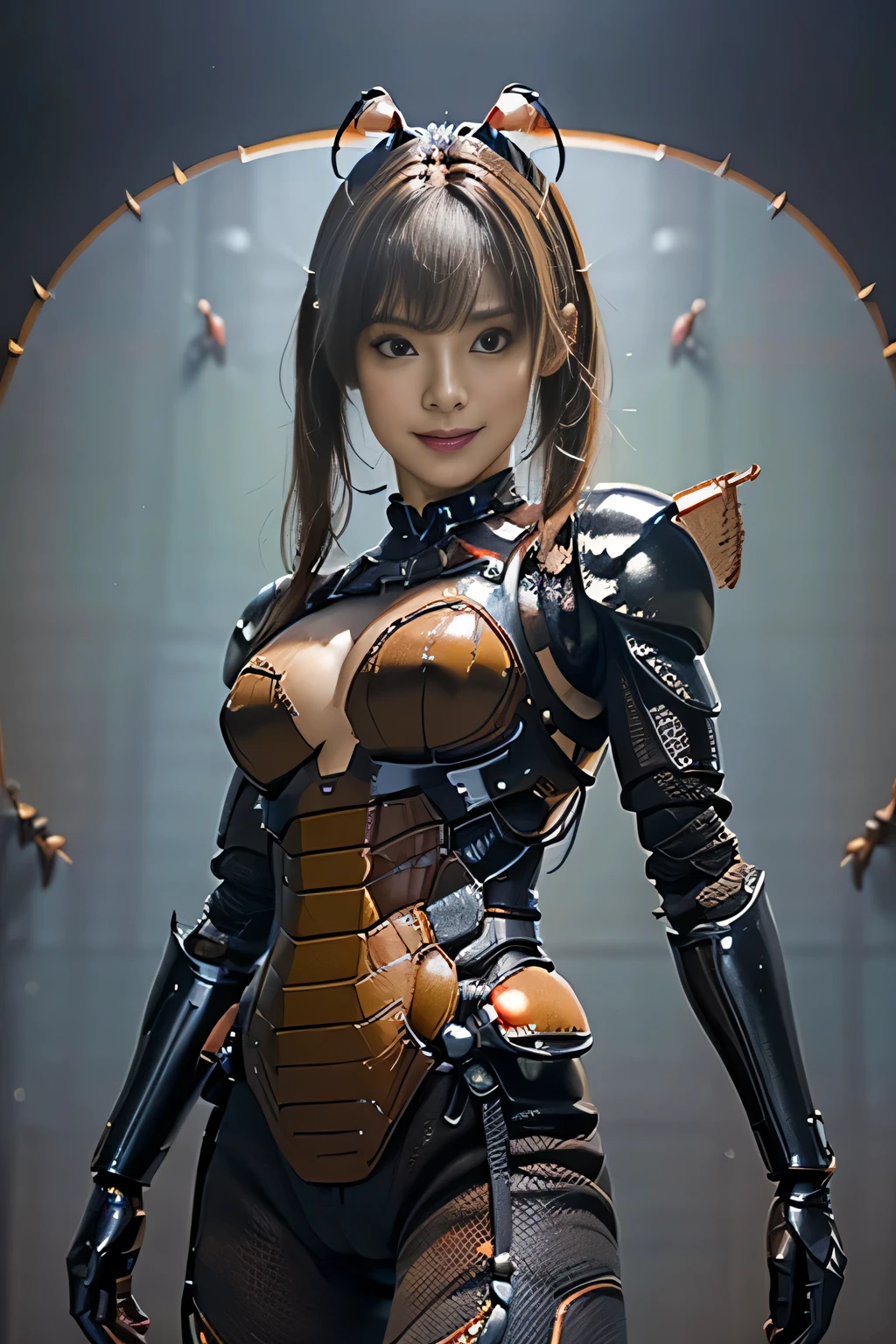 (high resolution,masterpiece,best quality,extremely detailed CG, anime, official art:1.4), realistic, photo, amazing fine details, all intricate, gloss and shiny,awesome many layers, 8k wall paper, 3d, sketch, kawaii, illustration,( solo:1.4), perfect female proportion,villainess, (fusion of dark brown cockroach and lady:1.4), (brown cockroach form lady:1.2), (brown cockroach lady:1.2), (fusion:1.2), (solo:1.4), (evil smile:1.2), muscular, abs, (cockroach brown exoskeleton bio insect suit:1.4), (cockroach brown exoskeleton bio insect armor:1.2), (brown transparency cockroach wing:1.4), (brown cockroach antennae:1.3),