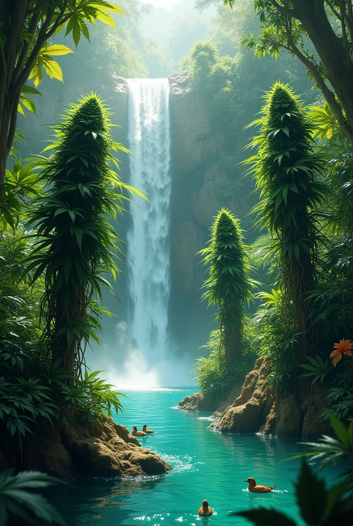 crée moi plusieurs tête de marijuana dans une jungle paradisiaque, avec une cascade, eau turquoise