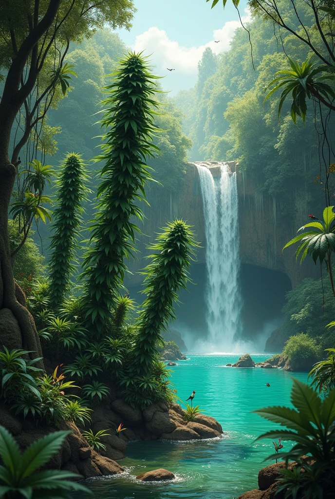 crée moi plusieurs tête de marijuana dans une jungle paradisiaque, avec une cascade, eau turquoise