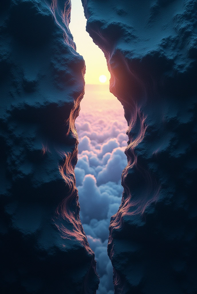 An abstract scene where the fabric of space is being cut open, revealing a hidden world behind it. The 'space fabric' appears as a dark, starry cosmos with a textured, almost fabric-like appearance. A glowing cut slices through the center, with edges that are slightly curled or folded back, creating depth. Behind the cut, a vibrant, surreal world is revealed—filled with fantastical landscapes, floating islands, or a futuristic city bathed in ethereal light. The edges of the cut glow softly, with light and particles emanating from the tear. The contrast between the dark space fabric and the bright hidden world creates a striking, otherworldly effect. The scene is dynamic, with a sense of motion as if the fabric is actively being pulled apart to unveil the new reality
