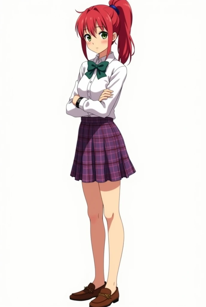 Une lycéenne d'anime aux cheveux roux et coiffés en queue de cheval haute, sans frange. Elle porte pour uniforme une chemise blanche, une jupe violette à carreaux . Elle se tient droit et de face. Elle a l'air intelligent, elle a des tâches de rousseurs et les yeux verts. Elle porte une Apple Watch. Elle chausse des mocassins marron crème 