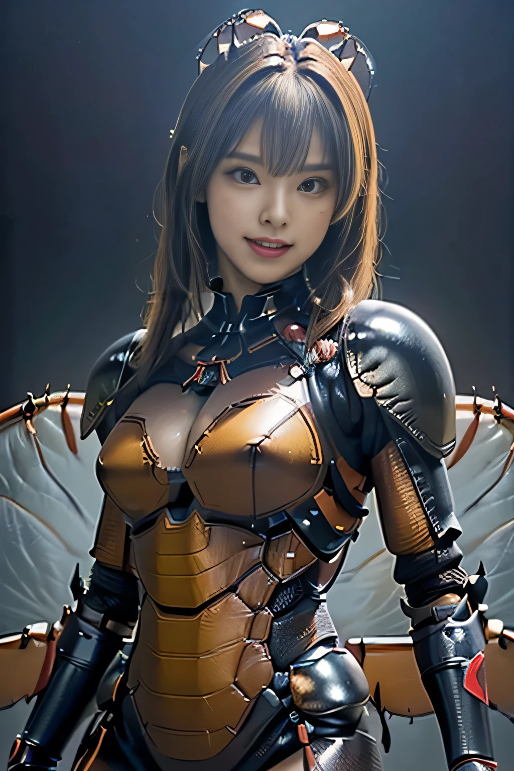 (high resolution,masterpiece,best quality,extremely detailed CG, anime, official art:1.4), realistic, photo, amazing fine details, all intricate, gloss and shiny,awesome many layers, 8k wall paper, 3d, sketch, kawaii, illustration,( solo:1.4), perfect female proportion,villainess, (fusion of dark brown cockroach and lady:1.4), (brown cockroach form lady:1.2), (brown cockroach lady:1.2), (fusion:1.2), (solo:1.4), (evil smile:1.2), muscular, abs, (cockroach brown exoskeleton bio insect suit:1.4), (cockroach brown exoskeleton bio insect armor:1.2), (brown transparency cockroach wing:1.4), (brown cockroach antennae:1.3),