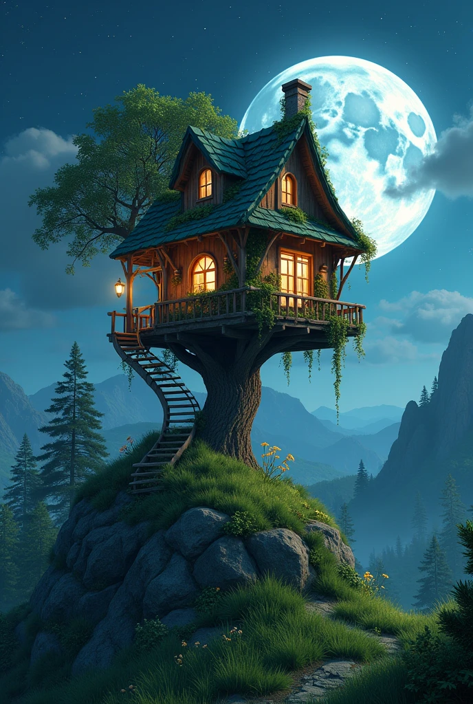 Tree house in moonlight night on the top of the green grass mountain 