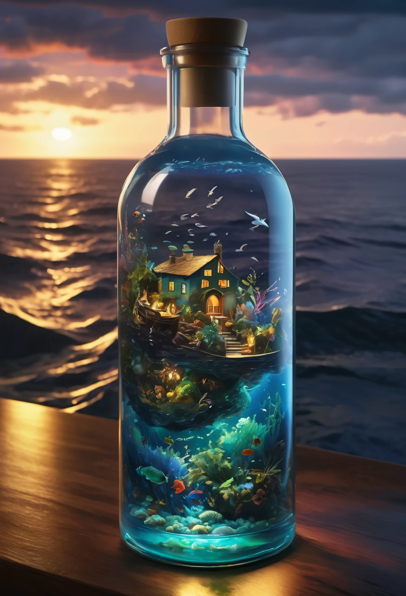 (A complex ocean trapped in a bottle), Atmospheric Oliva lighting, On the table, 4k hdd, Dark atmosphere, Super detailed, Vibrant colors, A magnificent composition, Octane Rendering, Sharp focus, High Resolution Isometric, Leonardo da Vinci-esque.