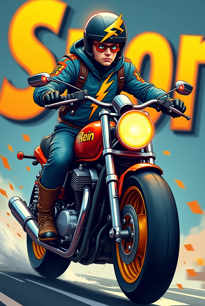 Create a motorcycle courier on your bike with the aggressive cartoon lightning bolt themed outfit. With the name highlighted in the background D FLASH put the name in the background of the image