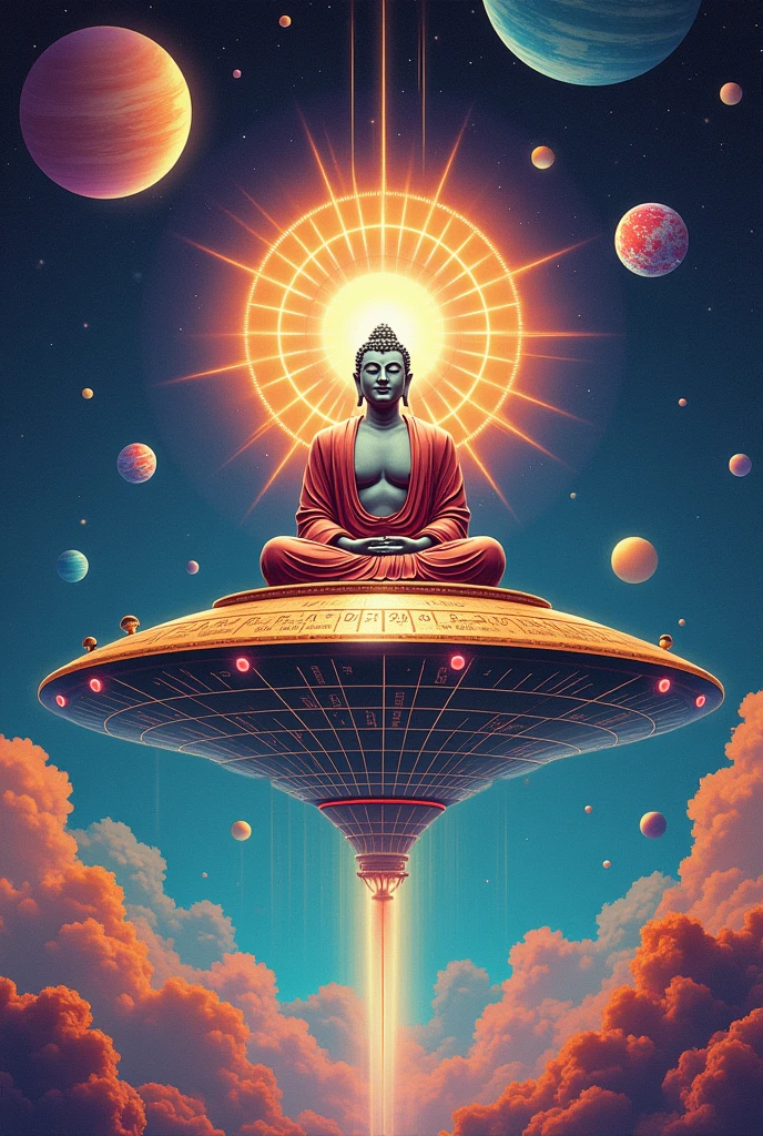 a very psychedelic buddha sitting on top of a flying saucer around several large planets, psychedelia, etc...
a very colorful and eye-catching image of the Buddha meditating with a happy face, light entering his head, the flying saucer full of lights and very realistic around the planets, astrological calculations and all the art involving quantum mechanics. I want everything to be very engaging., with occultism, involving spirituality the flying saucer has to be more eye-catching, with lots of flashing lights and showing all of it as very illustrative art