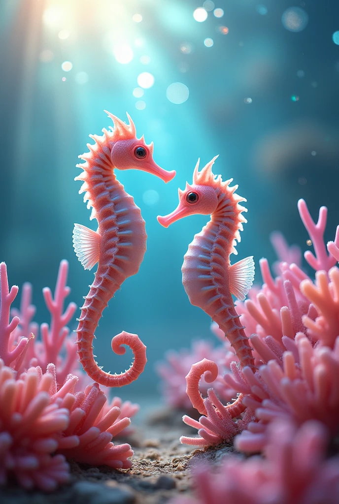 Seahorses are sea fairies、The tail is wrapped around a pink coral.、When you look up at the sky from the bottom of the southern sea, the bubbles sparkle in the light pouring down.