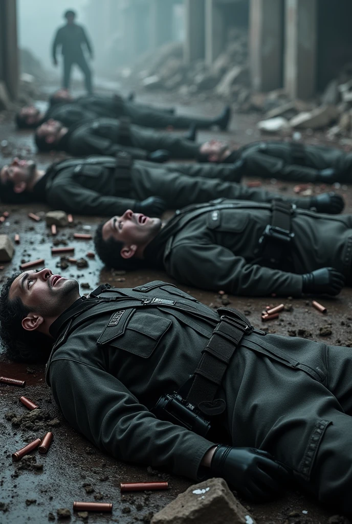 Group of modern serbian soldiers in black uniform lying on thr floor dead