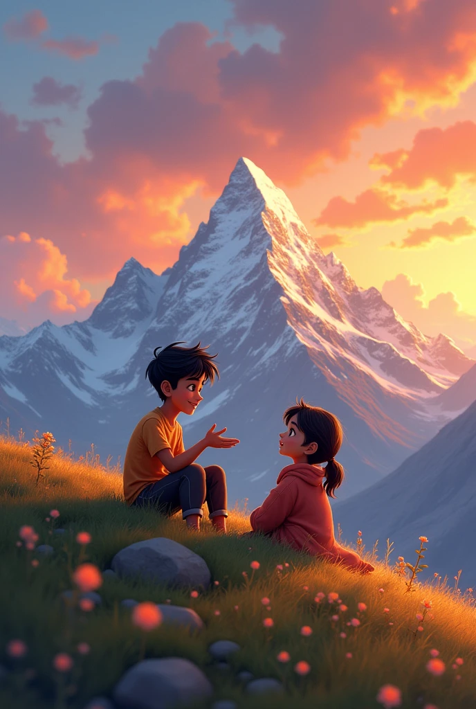 A boy and girl talking in sunset mountain and boy name is pranshu girl name sunnaina