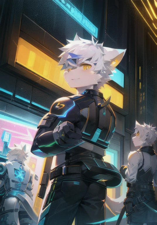 White male cat，boys，Handsome，Silver Hair，Detailed background，，Golden Eyes，futuristic city，Neon lights，Wearing black tech armor