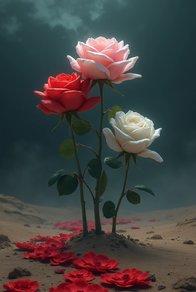 3 flowers(one red one pind one white) standing in arid desert, nightmare view darkness everywhere. The white rose stand strong the biggest between the trio. The pink rose are little but she the only strong source of light in this darkest and nightmare scene. The red rose are the most beautiful and her petal draw a path in this desert night mare scene. Dreamlike view