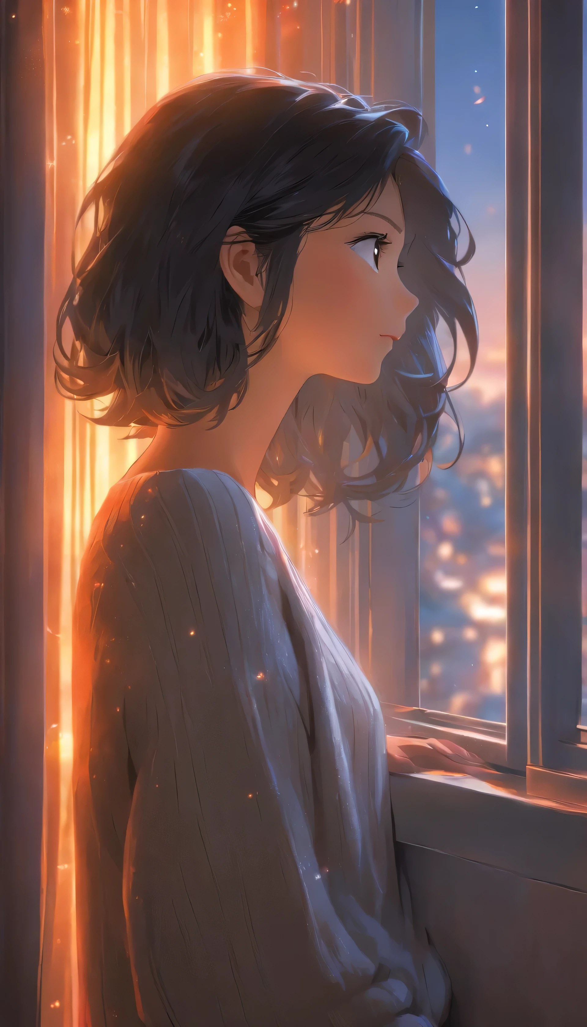 1girl, lean on side window, black straight hair, grey sweater, plany vase on side, curtain open, looking up, relaxing, low light, mesmerizing, high quality, uhd, 8K