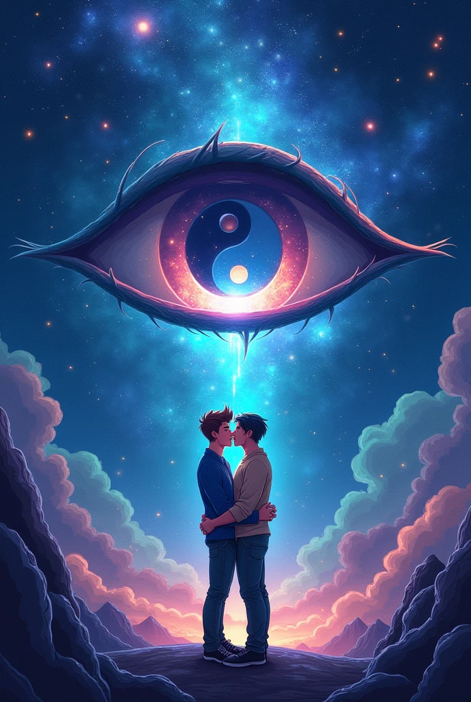 Create me a good book cover like the background is a some sort of the universe and in between or in any part, there is a big mysterious eye, and inside that eye, there is the symbol Yin Yang, and create a two men in love below the eye show that they are really In love Make it fantasy vibes and make it simple but artistic , emphasize the yinyang on the eye. Make it more cartoonish