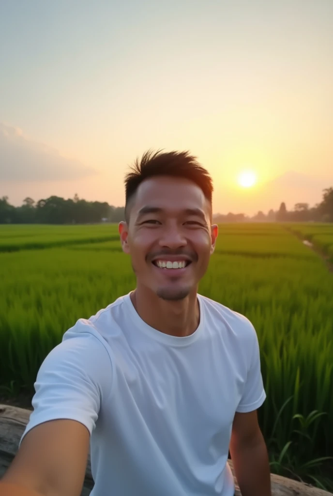 A 40-year-old Thai man with a slight smile, wearing a white e-sports T-shirt, with moderate muscle tone, sitting on a log, facing forward, with large, gentle eyes.,Green rice fields in the back, During sunset, 8k Selfie photograph, Selfie photo, During sunset ท้องฟ้าสีฟ้าใสสะอาด มีแสงอ่อนนวลสายตา