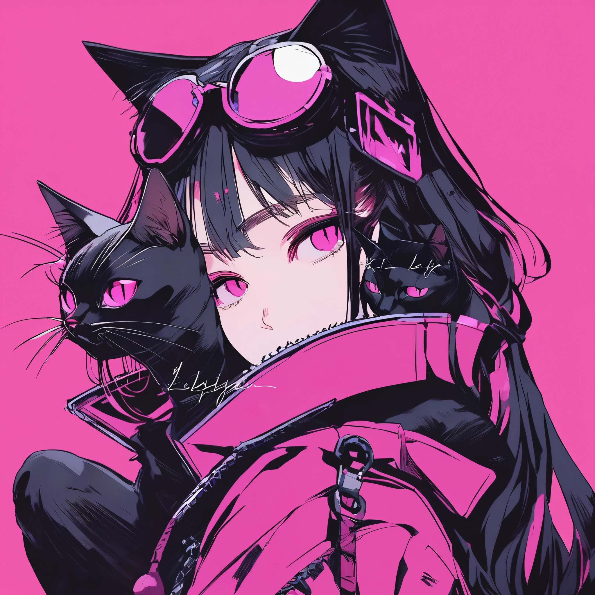 An anime with a black cat on a pink background, Goth Cat Girl Portrait, Catwoman, Anime-style illustrations, アニメスタイル 4K, Anime style portrait, Ilya Kubyshin's stye. 4K, Catwoman, Artem and Ilya Kubyshin, Emo girl and her , Beautiful anime cat girl, Anime Style, Anime Style. 8k