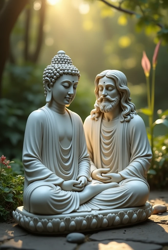 Buddha Statue, statue of Jesus meditating next to a statue of Buddha, Both Buddha and Jesus are smiling quietly, peace itself,