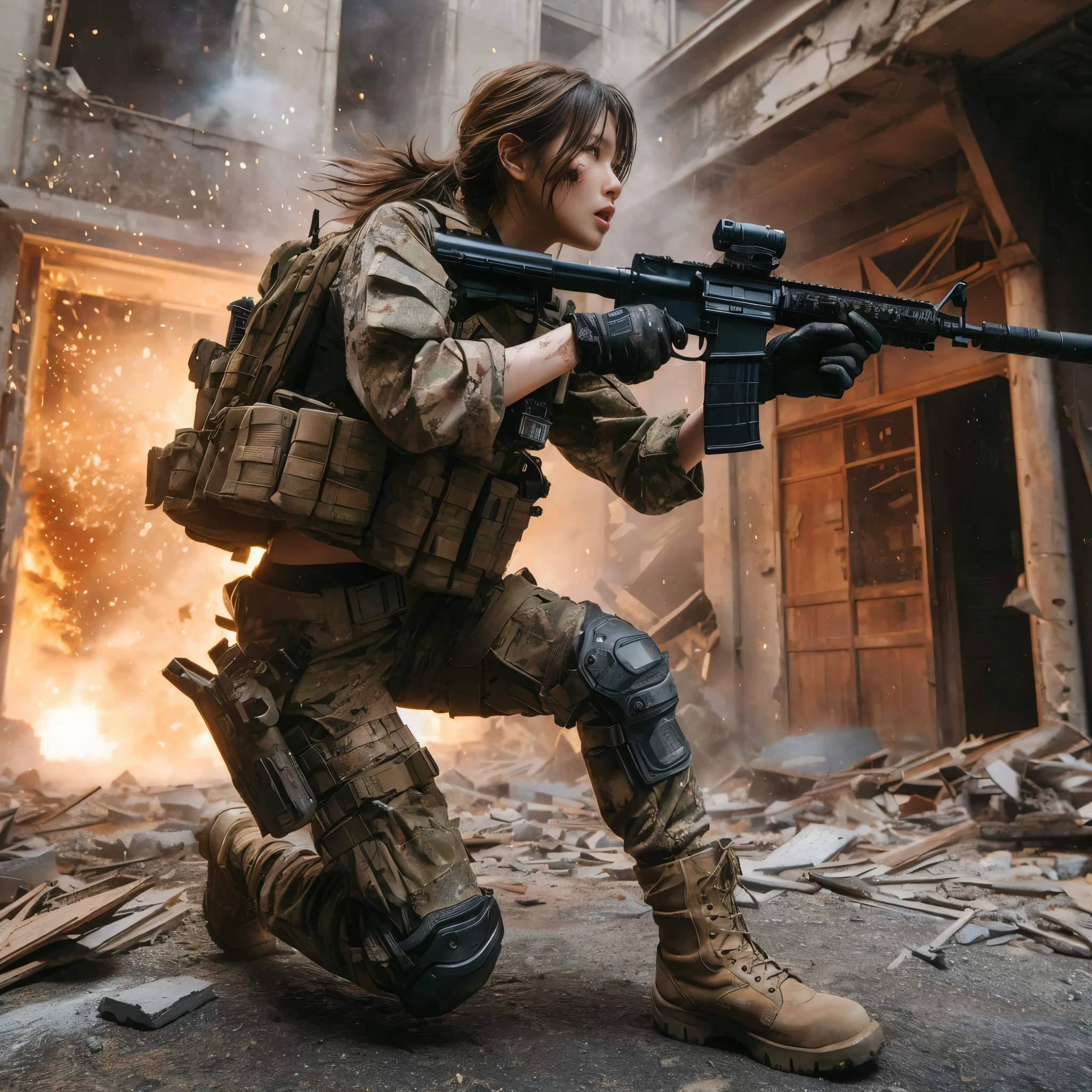 8K, realistic photo, realistic skin texture, Beautiful Japanese women in the US military、Outside the building、explosion、Close call、Walls bursting with debris、They are shouting to evacuate immediately.、Automatic rifle、Bulletproof vest、Back Back、boots、Covered in scars、Grim expression、Dynamic pose、Innovative composition、Dust is flying、傷だらけ