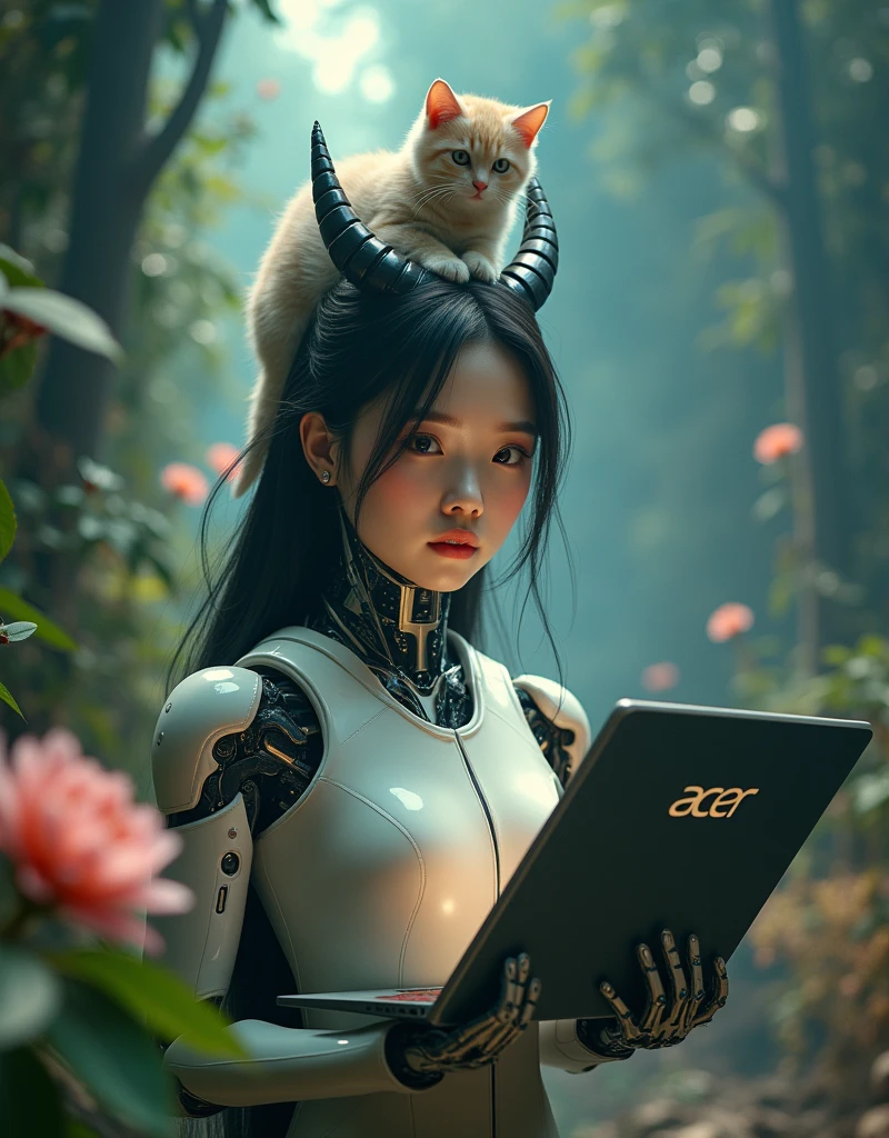 Take acer on adventure,Acer notebook main point, close-up portrait of woman while holding acer notebook, robot asian girl have body like minotuar, surrealist, high quality, cinematic, low-key, galaxy paradise fall in background, jungle flower in foreground, film grain filter, a little cat on head, bloom, (lens flare), (8k, RAW, professional, best quality, masterpiece:1.2), (realistic,photorealistic:1.37), ultra-detailed, (24mm portrait wide angle), (anamorphic lens), (((panning shot))), (motion blur), (highest detailed skin:1.2), (highest detailed face:1.2), cinematic lighting, ), night time, flash light, warm white light,