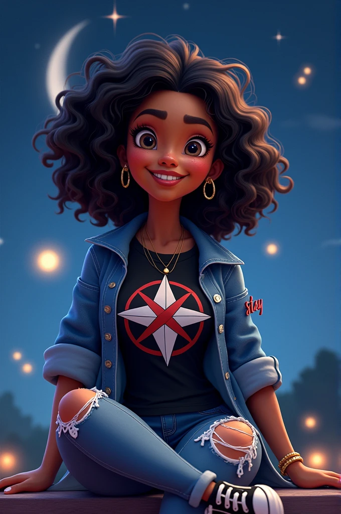 create a skzoo bbokari with a Disney Pixar princess Tiana, with curly shoulder length hair wearing a black t-shirt with a white and red compass design and a denim jacket with the writing "stay" in ripped jeans and black sneakers,in a place with a dark blue sky,with the crescent moon and stars around sitting