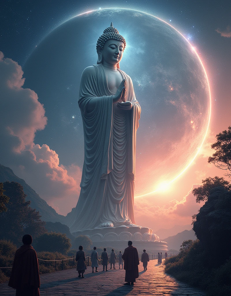 ((masterpiece))，(Best quality))，Chinese style，In the universe，A huge Maitreya Buddha statue stands in space，Gaze at the earth，Standing Buddha，Shining，Glow Effect，Pilgrims on the road，Hyperrealism，Hyper-photorealism，Real photography，8k，HD，high quality，masterpiece，Super Fine，中国黑白Ink风格，(((White)))，Decolorization，daub，Ink，8k，Super Fine，high quality，(((OC Renderer)))