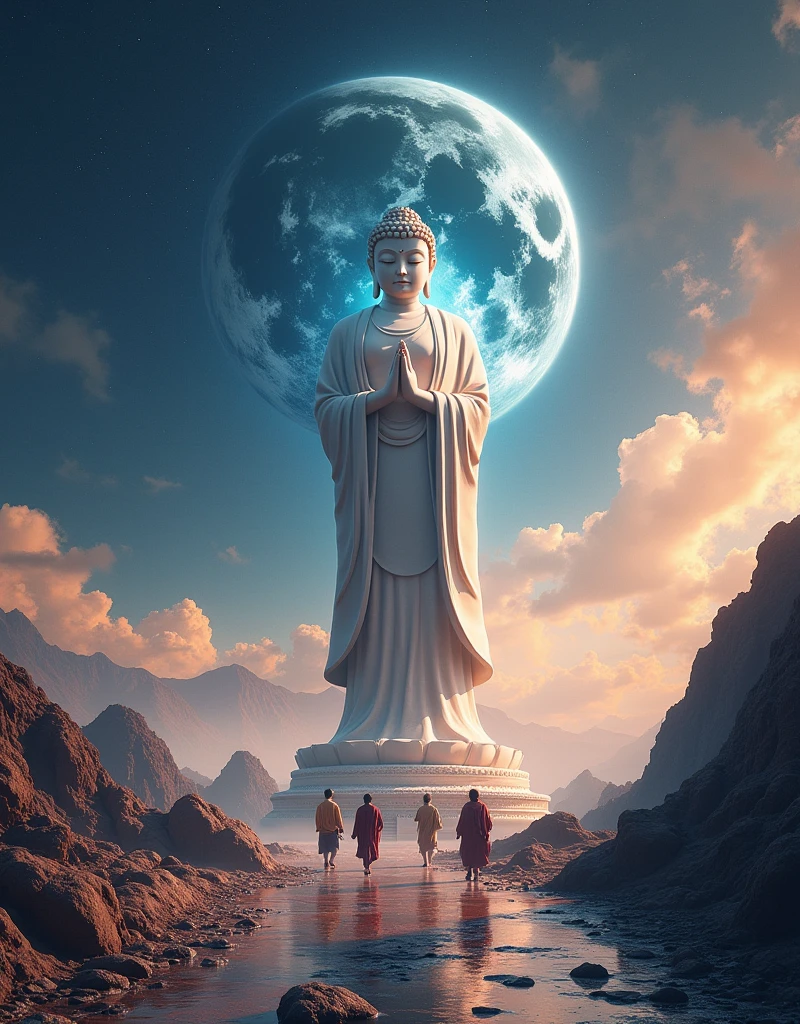 ((masterpiece))，(Best quality))，Chinese style，In the universe，A huge Maitreya Buddha statue stands in space，Gaze at the earth，Standing Buddha，Shining，Glow Effect，Pilgrims on the road，Hyperrealism，Hyper-photorealism，Real photography，8k，HD，high quality，masterpiece，Super Fine，中国黑白Ink风格，(((White)))，Decolorization，daub，Ink，8k，Super Fine，high quality，(((OC Renderer)))