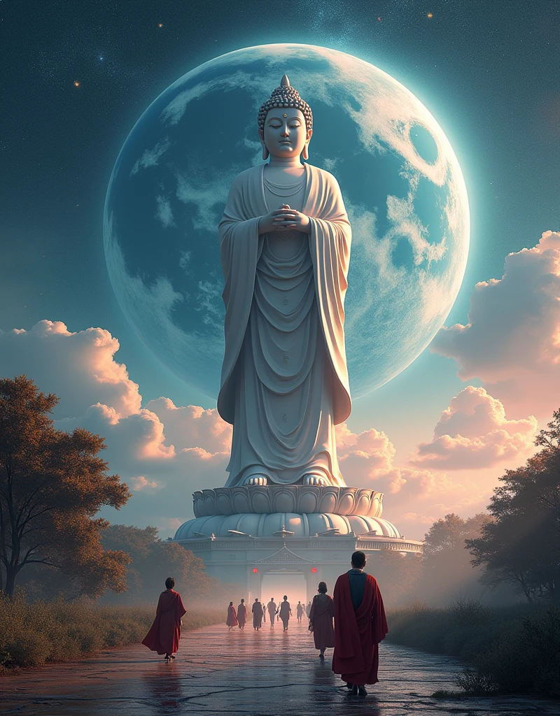 ((masterpiece)),(Best quality)),Chinese style,In the universe,A huge Maitreya Buddha statue stands in space,Gaze at the earth,Standing Buddha,Shining,Glow Effect,Pilgrims on the road,Hyperrealism,Hyper-photorealism,Real photography,8k,HD,high quality,masterpiece,Super Fine,中国黑白Ink风格,(((White))),Decolorization,daub,Ink,8k,Super Fine,high quality,(((OC Renderer)))