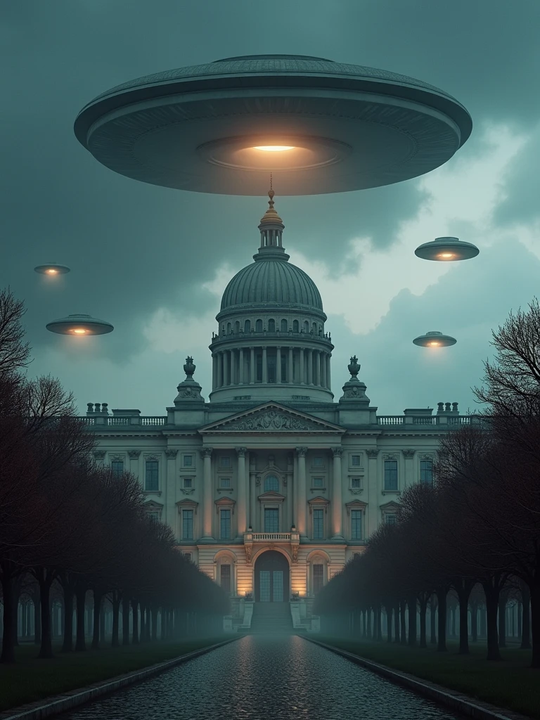 Elysee Palace attacked by UFOs, Cinematic lighting, Ultra-detailed textures, vray, with dark colors.