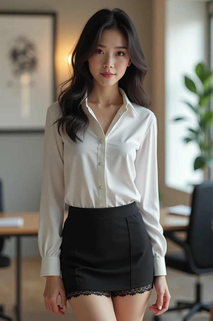 Office girl with short skirt and black panties. Asian