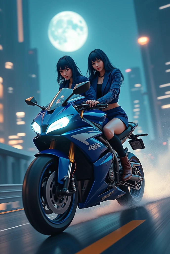 High Resolution, High Resolution, 8K, Real Live Action, RAW Photo, Best Quality, Masterpiece, Tabletop, (Soft Saturation: 1), (Graphic Boundary Depth: 1.2), (Ray Tracing: 1.2), Speed, Flowing Landscape, Night, Optical, Background is Sci-Fi style night view, Strong Wind, (Big Blue, Motorcycle Running in the Night City), A stylish and cute 2 woman wearing a dress sitting on a big blue motorcycle, beautiful face, dark blue semi-long hair, looking this way, looking this way and winking with a smile, not too big breasts (Blue stylish jacket: 1.2), (Blue short skirt: 1.3), Black knee-high socks, brown leather boots, perfect hands, perfect legs, perfect leg neck, perfect toes, perfect toes, Perfect whole: 1.3, ((Hands on the handlebars: 1.2)), Yamaha YZF-R1 riding a YZF-R1, SF style motorcycle, SF style motorcycle, Yamaha YZF-R1 motorcycle rider, How to ride a Yamaha YZF-R1, Photo of a female biker, Motorcycle, Motorcycle engine displacement: Yamaha YZF-R1 details, Agile, High speed shooting, Blur,