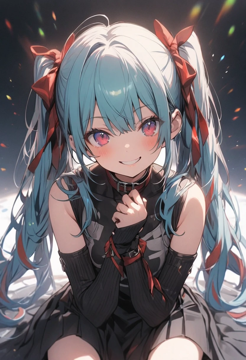 Twin tails、Long Hair、Turquoise Hair、Smiling、Grey sleeveless shirt、Black pleated skirt、Black arm warmers with red stripes、One Girl