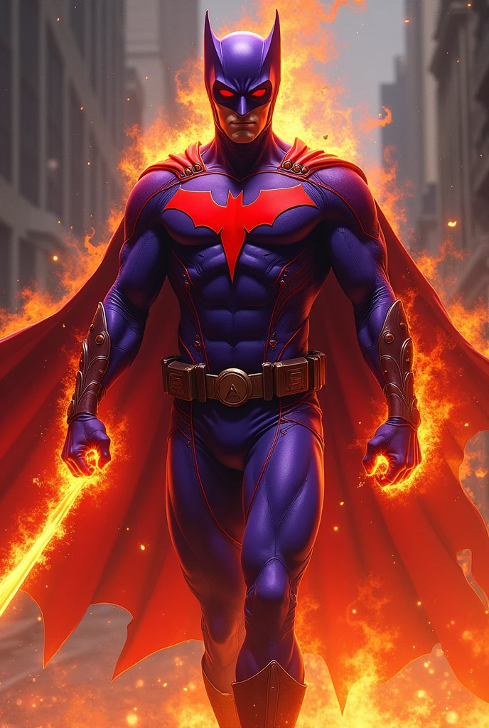 Create a superhero with socialist origins but who embraced capitalism with the colors purple and red and fire powers and characteristics of Nightwing
