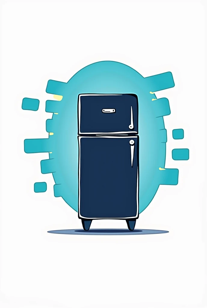 Logo for a refrigeration company with the silhouette of a refrigerator in the center of a fragmented cymetric oval with the name frio tec and the slogan cold technicians in cartoon style